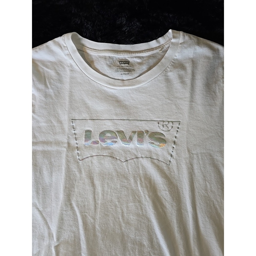 Levi's Silver Glitter Logo Graphic White‎ Short Sleeve Perfect Tee, Sz XL